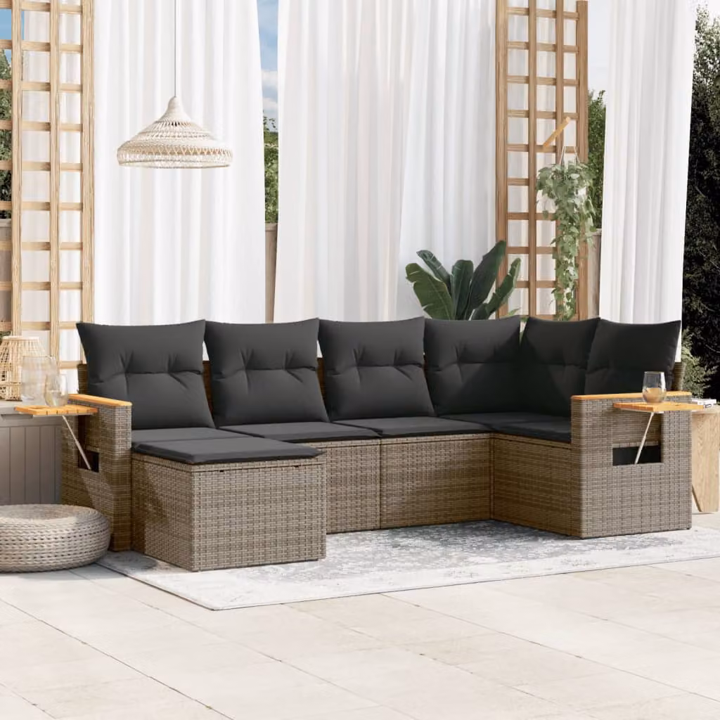 vidaXL Set Divano da Giardino 6 pz a L in Polyrattan Grigio con Cuscini e Tavolino – 1