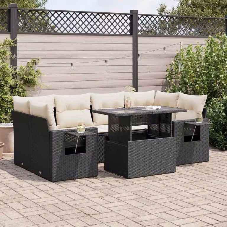 Set Divano da Giardino a L con 7 Pezzi vidaXL in Polyrattan Nero con Cuscini e Tavolino da Esterno