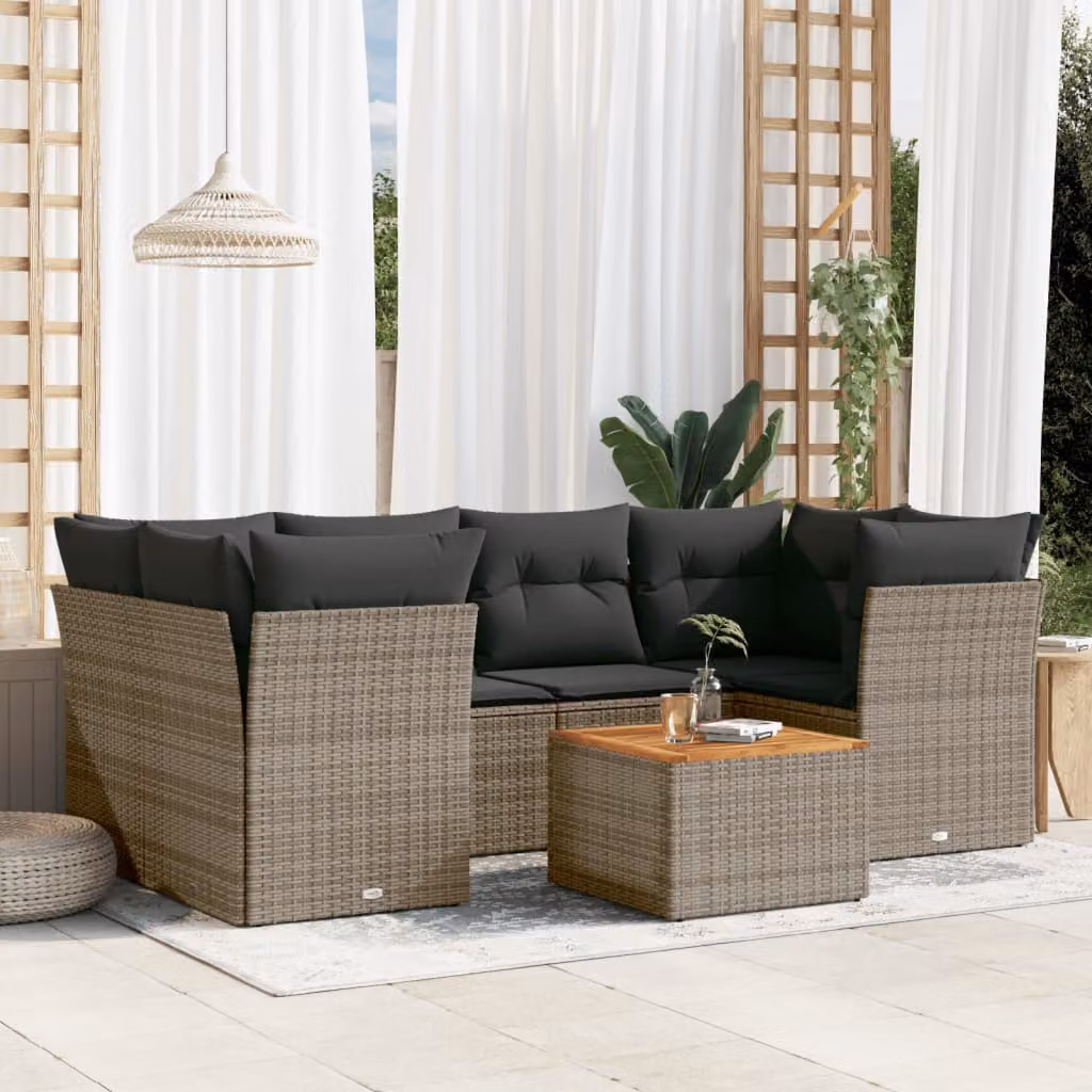 vidaXL Set Divani da Giardino 7 pz a L con Cuscini Grigio in Polyrattan e Tavolino – 1