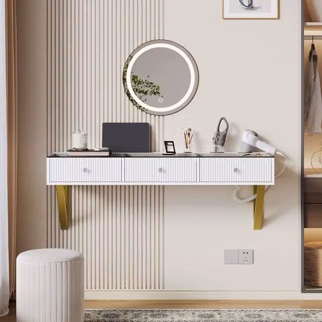 Tavolo trucco bianco sospeso con 3 cassetti, piano in vetro, supporto per tablet e portabevande, 120×40×45 cm