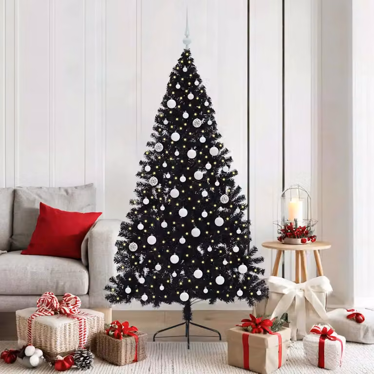Albero di Natale artificiale moderno vidaXL con luci LED bianco caldo, colore nero, in PVC e metallo, Altezza: 180 cm
