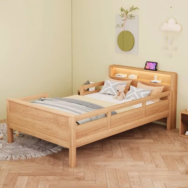 Letto singolo per bambini 90x200 cm in legno di pino con LED, USB-C e vano testiera