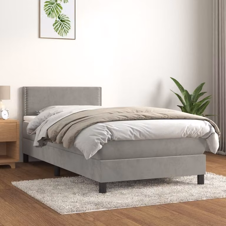 vidaXL Letto Ibrido con Giroletto a Molle e Materasso in Velluto Grigio Chiaro e Bianco, L/P/H: 90 x 200 x 88 cm