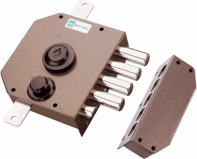 Serratura da applicare in legno Mottura 30630 con cilindro a pompa M4 Tripl, colore bronzo, E.mm: 60 mm, Destra