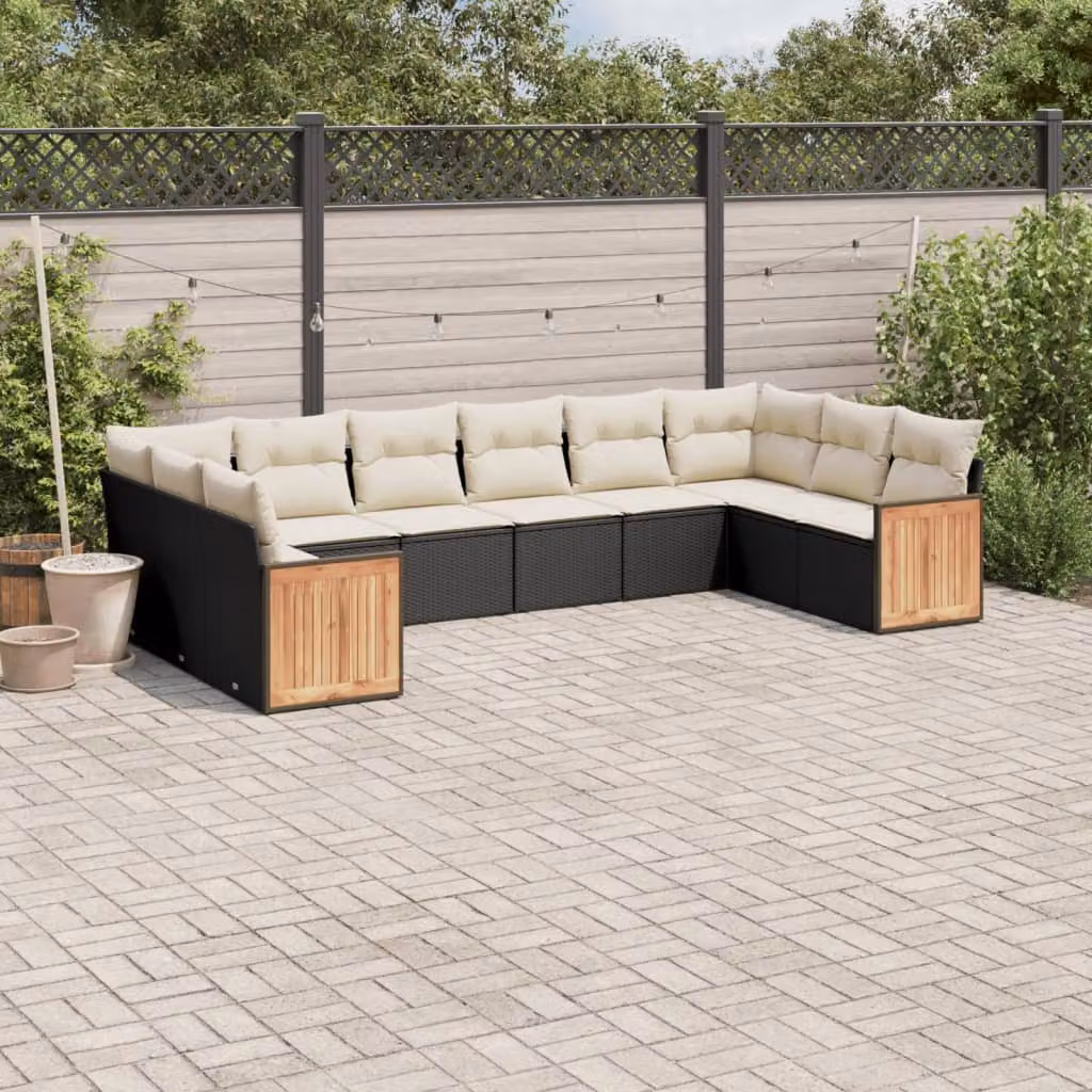 Set di divani da giardino vidaXL 10 pezzi in rattan con cuscini bianchi e neri e struttura in acciaio nero – 1