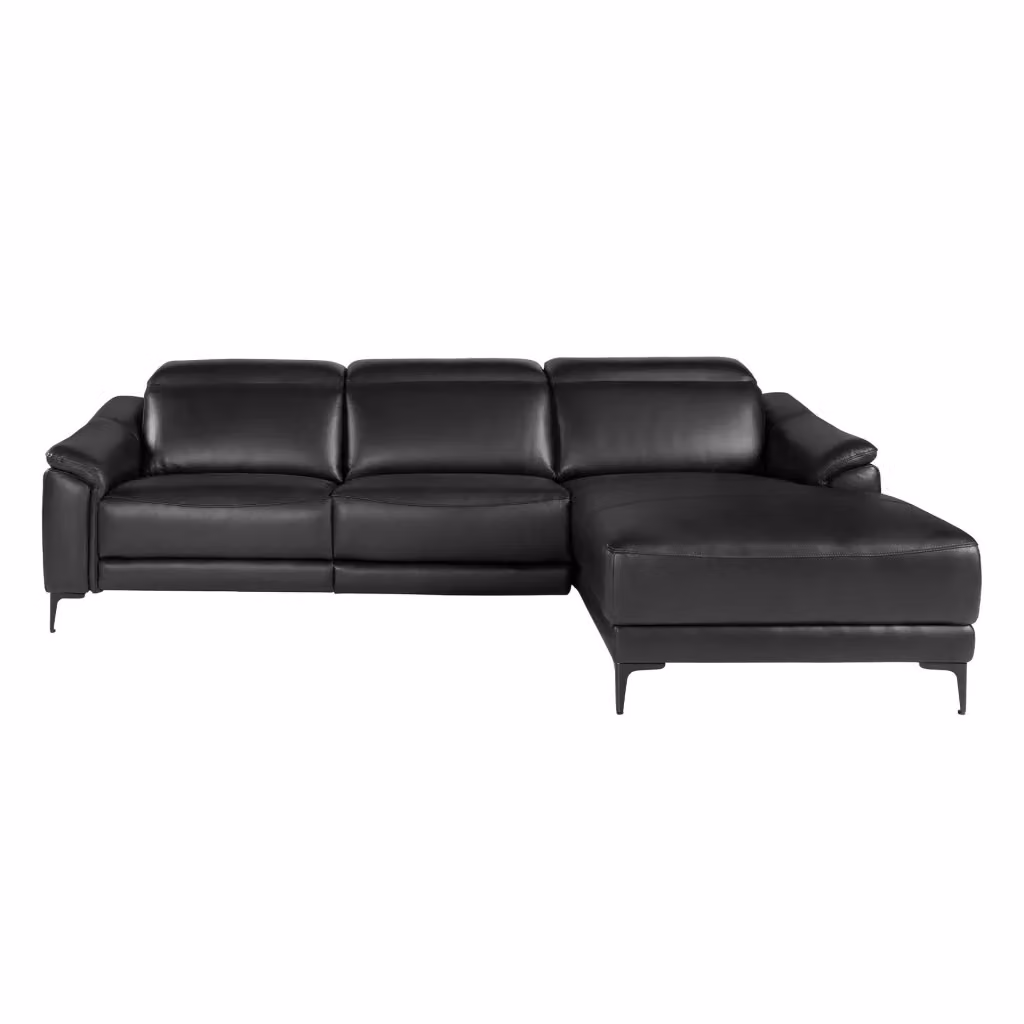 Divano relax moderno Angel Cerdá S.L. con chaise longue destra in pelle nera, struttura in legno e metallo, poggiatesta regolabile e ricarica USB, L/P/H: 272 x 168 x 96 cm – 2