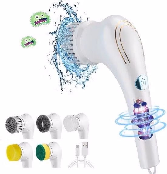 Spazzola rotante elettrica a 360 gradi per la pulizia - 5 testine intercambiabili - Resistente all'acqua - Ideale per la pulizia di piastrelle in cucina e in bagno