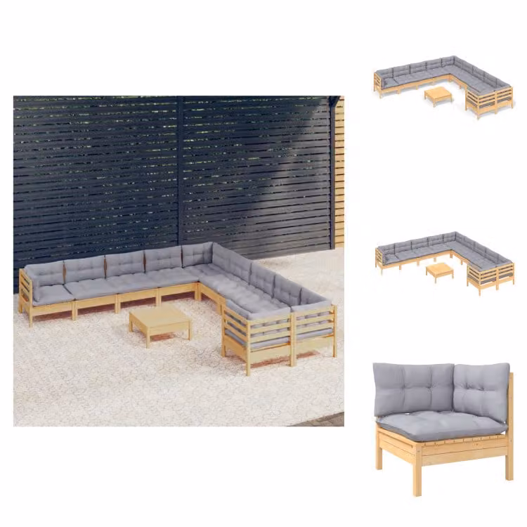 vidaXL set salotto da giardino 11 pezzi con cuscini grigi in legno di pino - Set di mobili da giardino