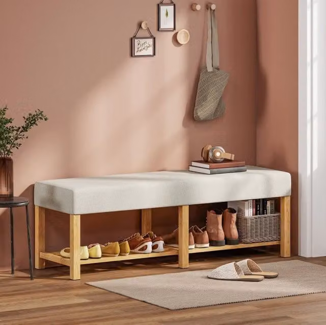 Panca porta scarpe MODFU in legno di gomma con cuscino in tessuto beige e bianco per ingresso o camera da letto L: 140 cm – 1