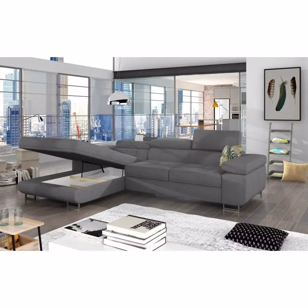 Divano angolare convertibile MEUBLORAMA grigio con funzione letto, contenitore e poggiatesta regolabile, struttura in legno e tessuto – 2