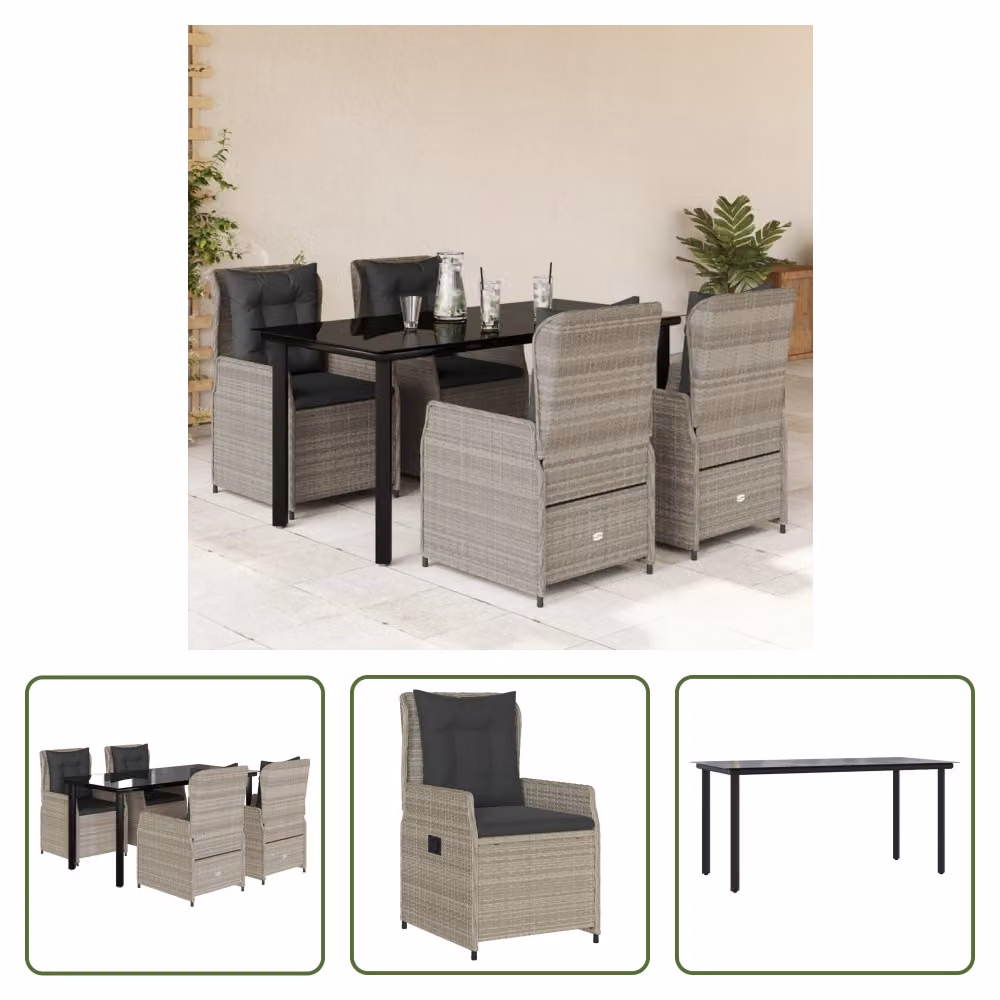 The Living Store Set da pranzo da giardino 5 pezzi con cuscini in rattan grigio chiaro
