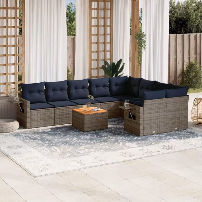 Set di divani da giardino vidaXL in polyrattan grigio con cuscini e tavolino da esterno a forma di L