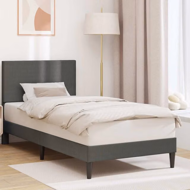 Struttura letto con giroletto imbottito in tessuto a coste grigio, L/P/H: 100 x 200 x 96 cm