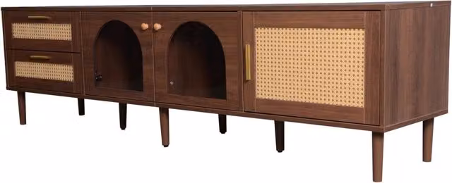 Mobile TV marrone da 180 cm con 2 cassetti in rattan, 3 ante (2 in vetro curvo, 1 in rattan) e illuminazione LED