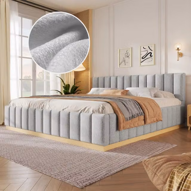 Letto matrimoniale imbottito 180x200 con rete a doghe e testiera alta in ciniglia grigia