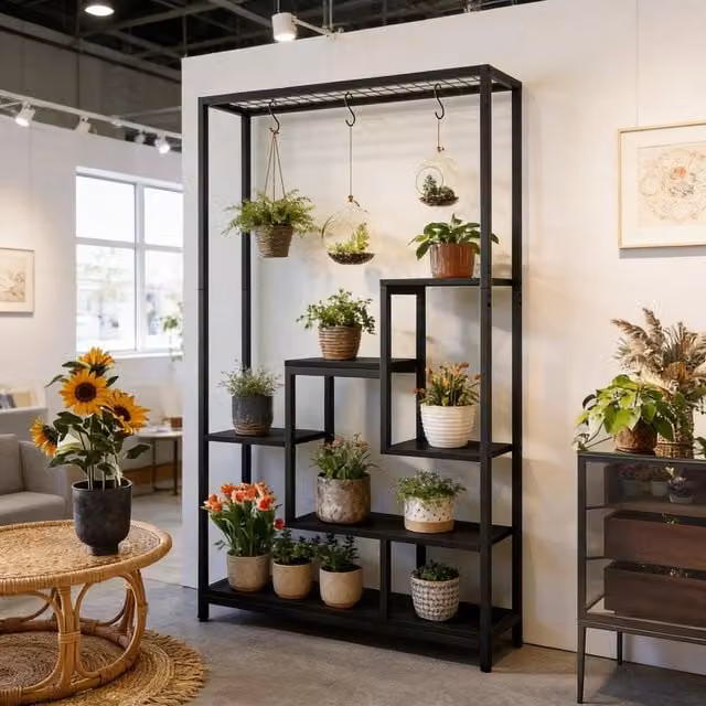 Portafiori a scala REDOM in stile industrial con 7 ripiani in metallo nero e legno