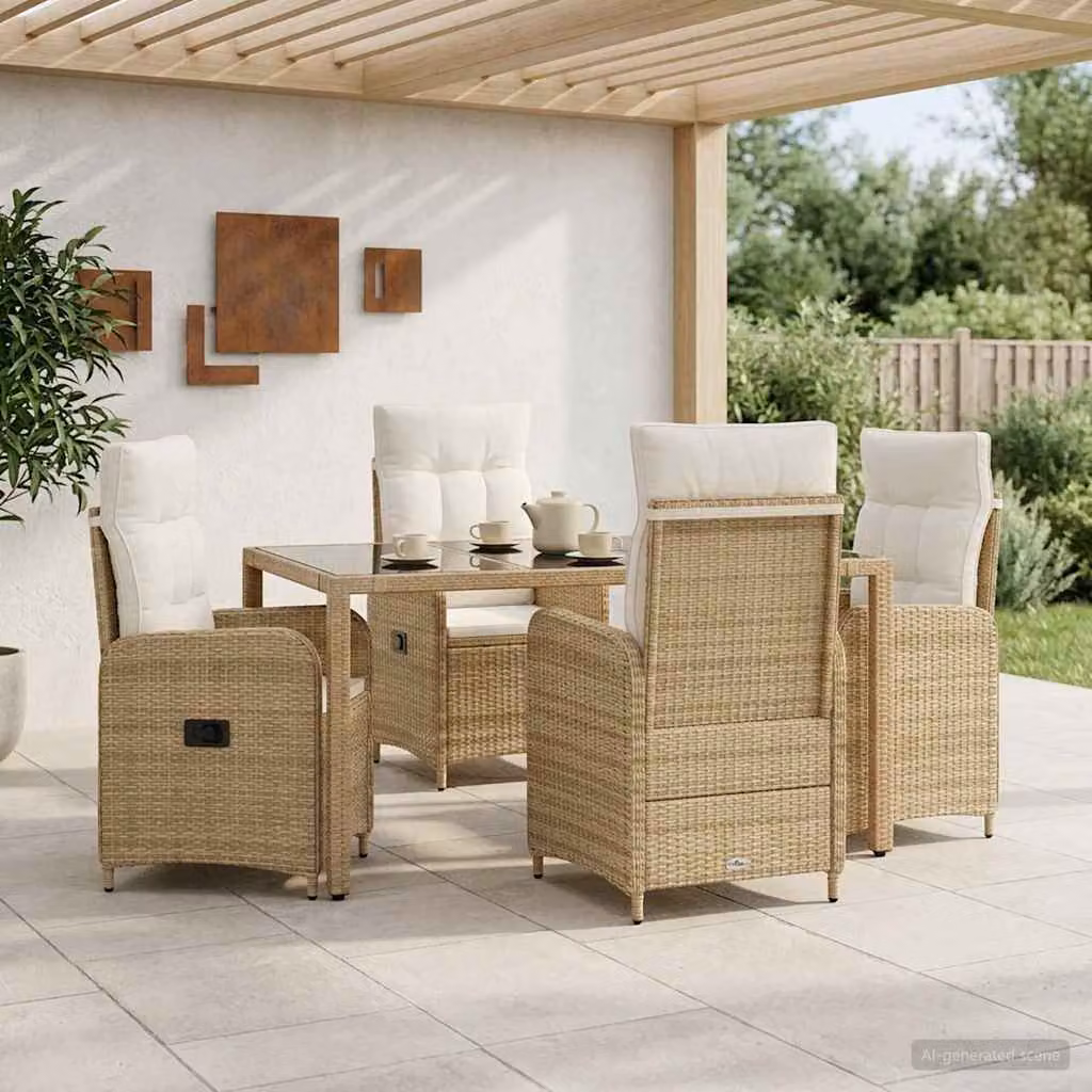 Set da pranzo per esterni vidaXL in polyrattan da 5 pezzi, colore beige e bianco crema con piano in vetro