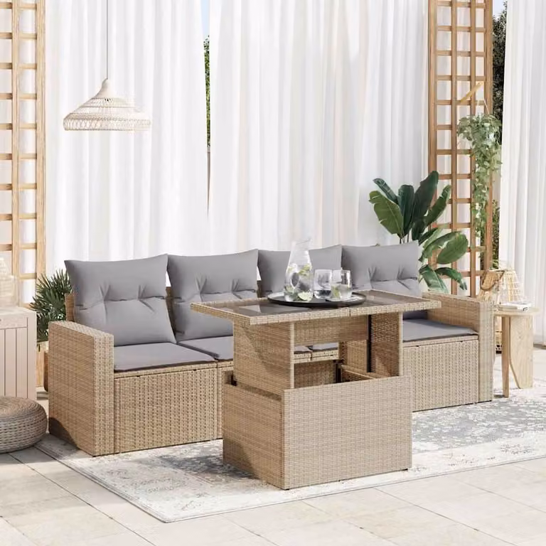 vidaXL Set Divano da Giardino 5 pz a Forma di L con Cuscini Beige e Tavolino in Polyrattan e Acciaio