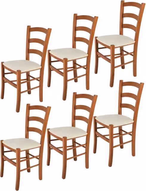 Set 6 Sedie Venice Tommychairs, struttura in faggio verniciata in color ciliegio e seduta rivestita in tessuto avorio