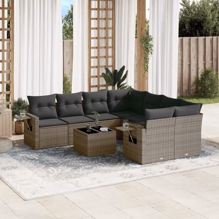 vidaXL Set Divano da Giardino 9 pz a Forma di L in Polyrattan Grigio con Cuscini e Tavolino