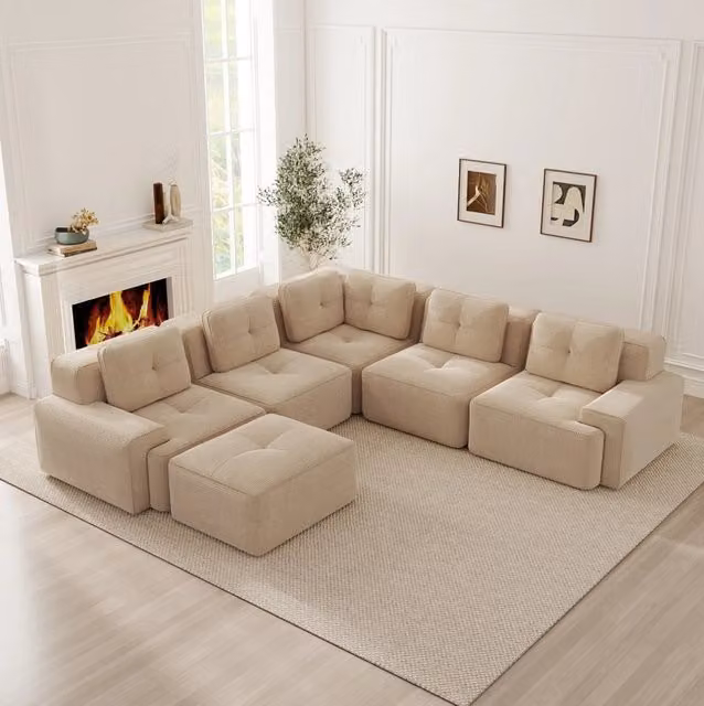 Divano angolare modulare in velluto a coste con seduta profonda; beige