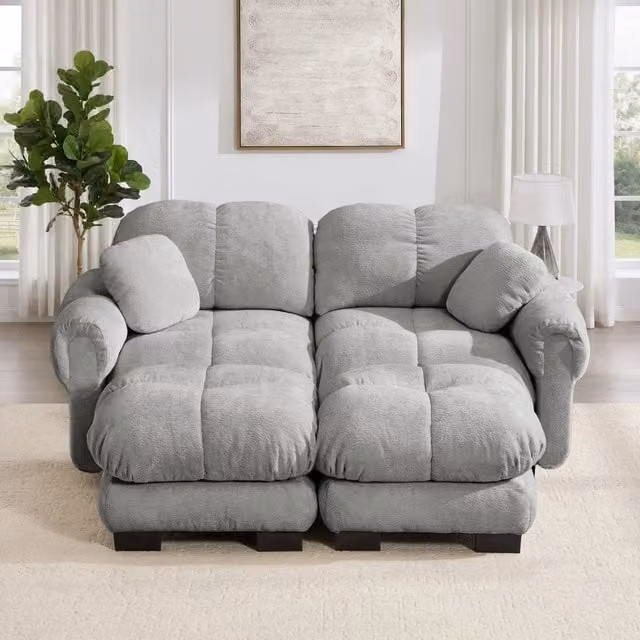 Divano modulare a U 190 x 149 x 90 cm con pouf mobile; due posti in ciniglia; grigio chiaro