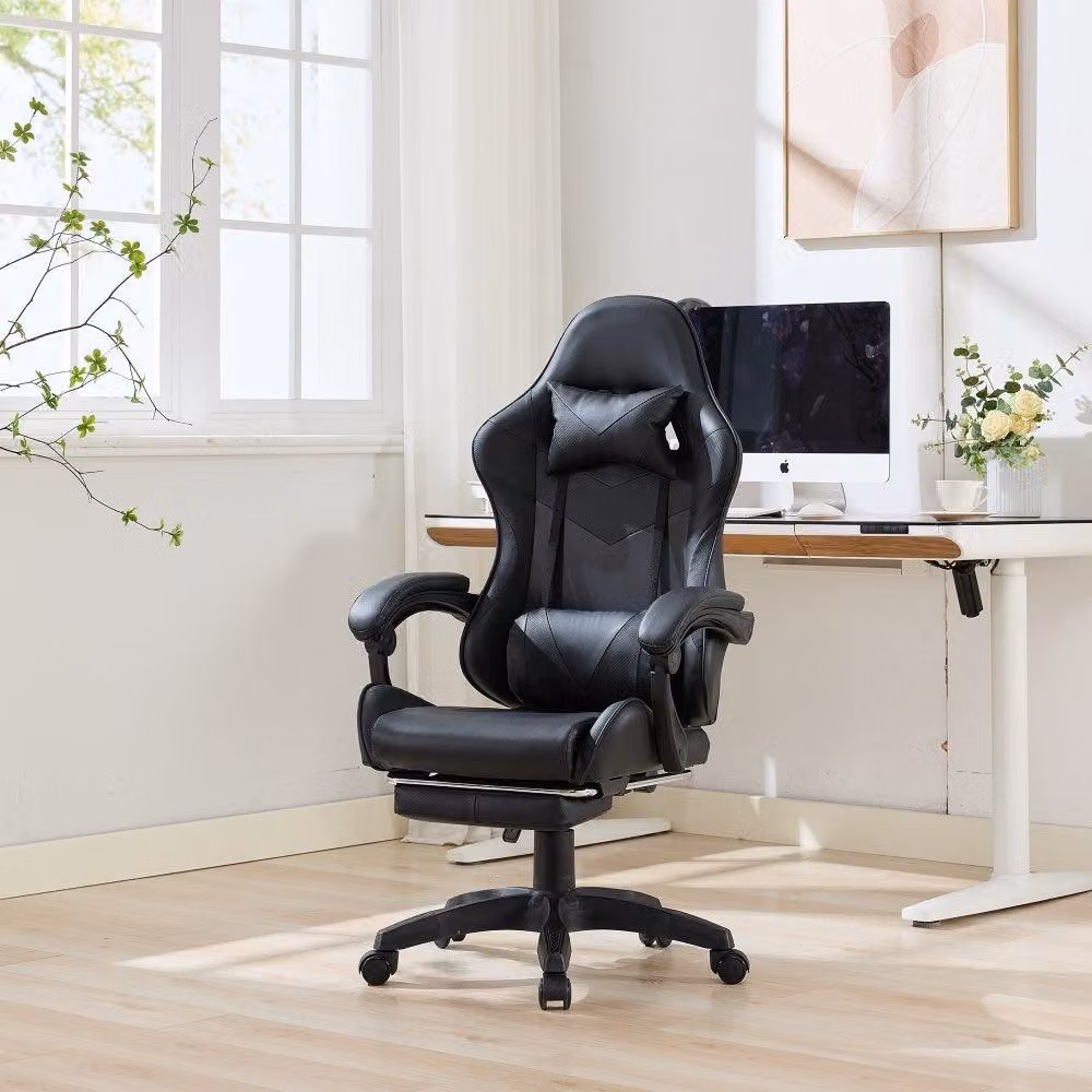 Sedia da gaming - Sedia da ufficio ergonomica con rotelle a 360 gradi, poggiapiedi e supporto lombare, in stile sportivo