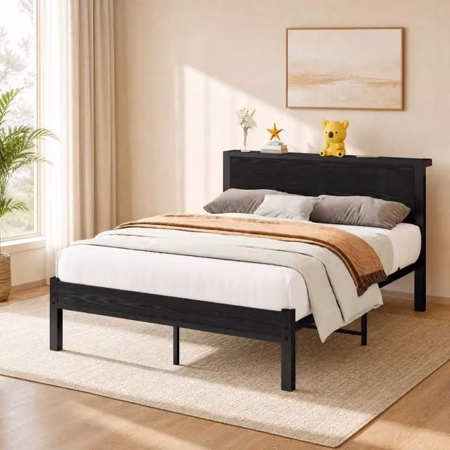 Letto singolo Mivray con testiera e pediera in MDF e metallo, 13 dogghe, nero e marrone rustico, L/P/H: 140 x 200 cm