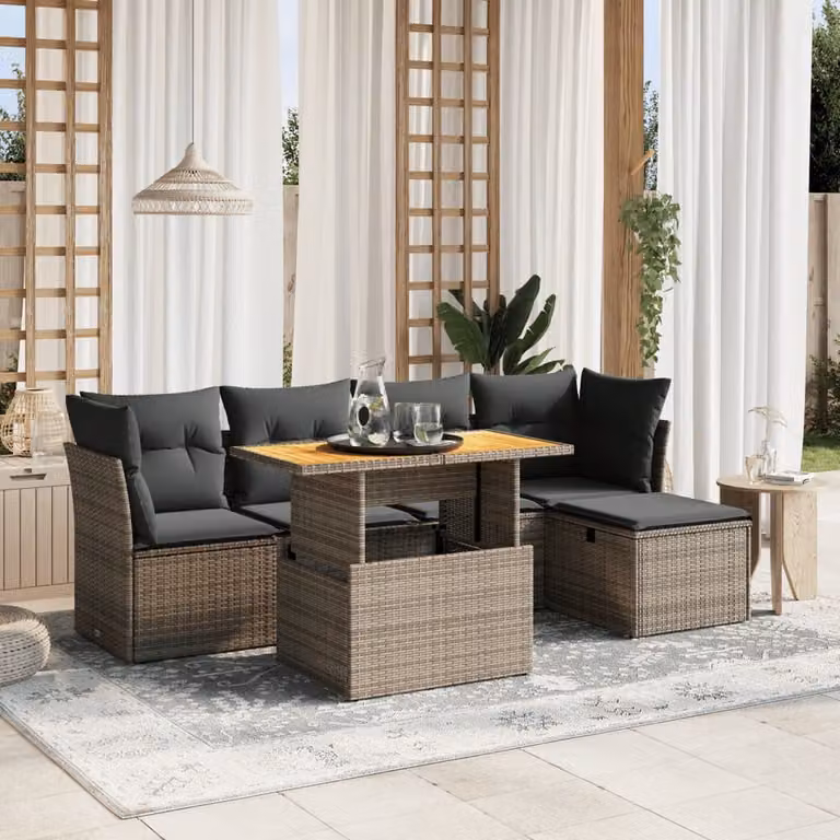 Set Divano da Giardino a L vidaXL in Polyrattan Grigio con Cuscini e Tavolino da Esterno 6 pz