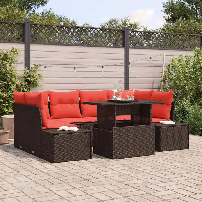 Set Divano da Giardino vidaXL a 7 Pezzi con Tavolino, Design Moderno a Forma di U, Colore Marrone e Rosso