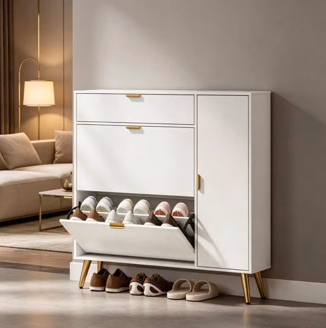 Armadio porta scarpe bianco per 12 paia, con 4 scomparti e 2 vani ribaltabili