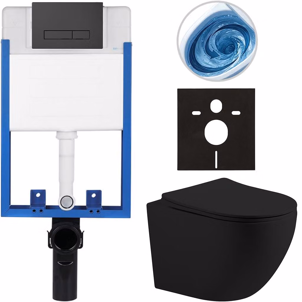 CERANO - Set completo per WC da incasso Lite/Cesso - nero opaco - Pulsante per WC Slim, nero opaco - da incasso - 49x36 cm