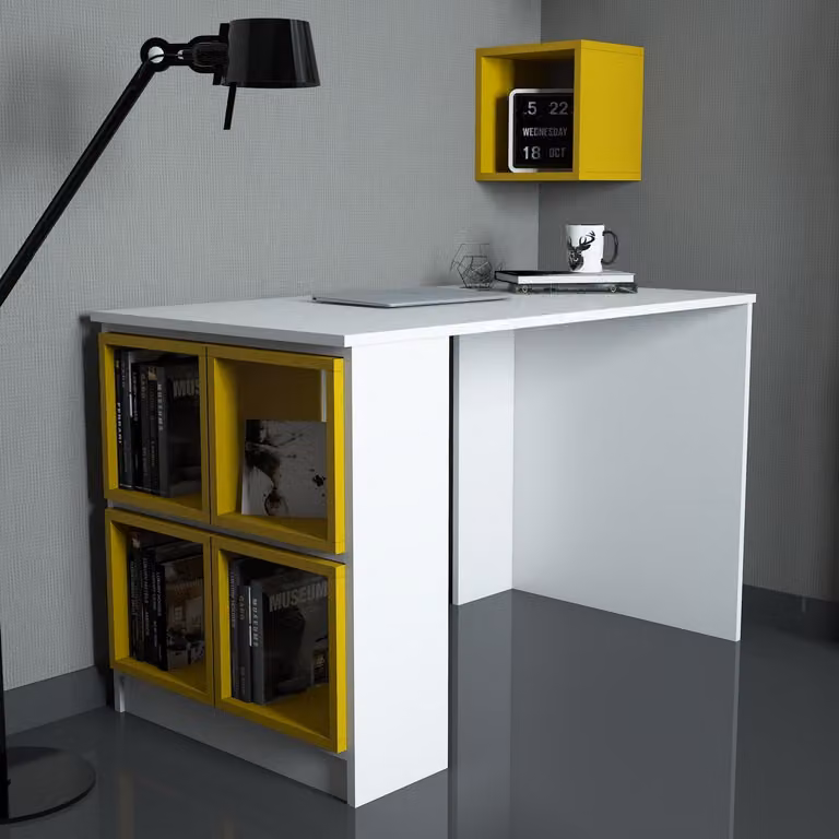 Skye Decor, Box - Bianco, Giallo, Scrivania, Bianco, Pannelli di truciolato rivestiti al 100% in melamina, 120 x 65 x 75 cm