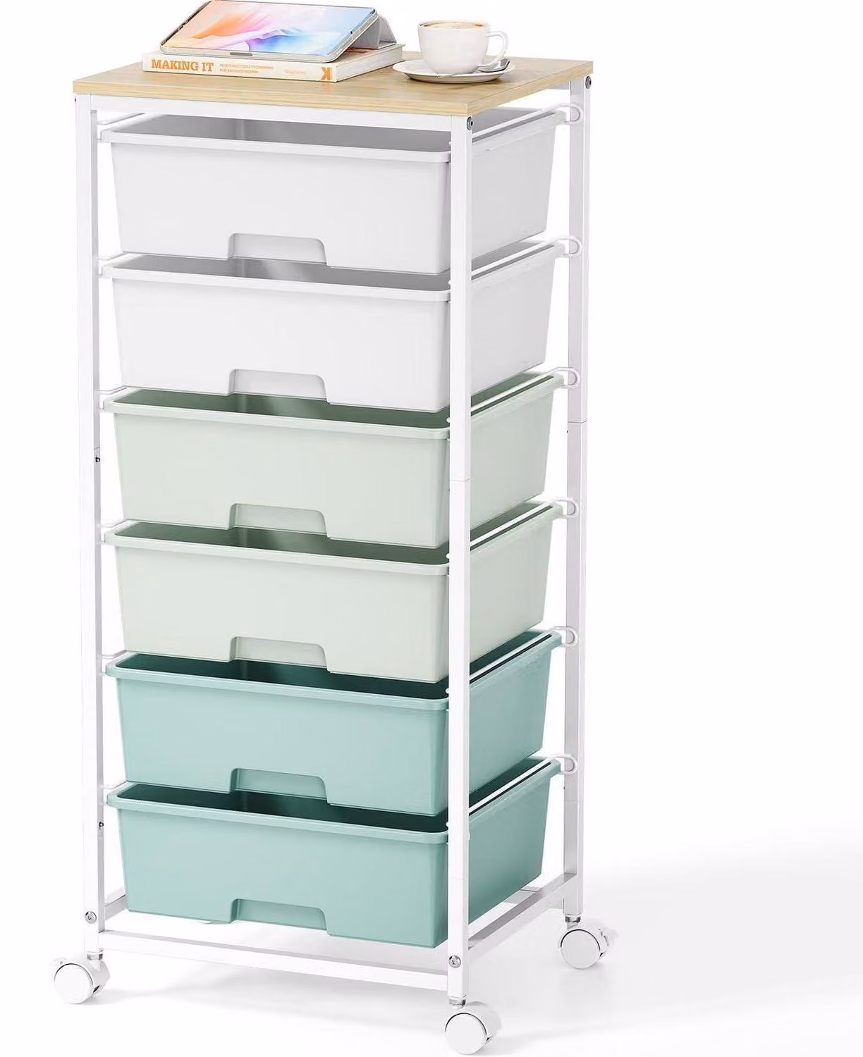 Carrello mobile con 6 cassetti e piano in legno, colore verde, dimensioni 32x40x90 cm