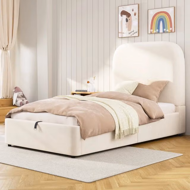 Letto per bambini imbottito 90 × 200 cm con vano contenitore idraulico rete a doghe testiera in velluto beige