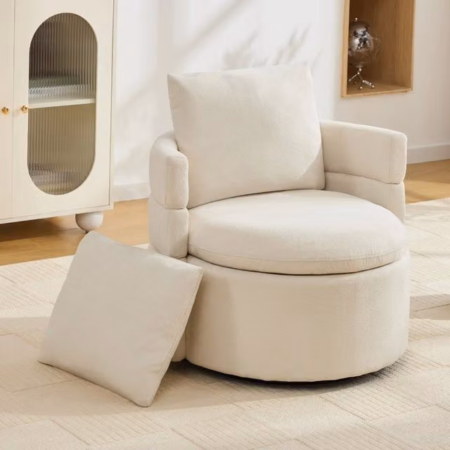 Poltrona girevole 72x66.5x76 cm con vano contenitore nascosto e rotazione a 360° in ciniglia avorio