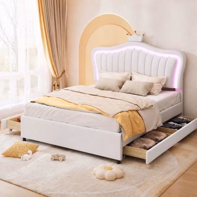 Letto Mivray con 4 cassetti estraibili, testiera regolabile in ecopelle bianca e illuminazione LED sottostante, L/P: 140 x 200 cm