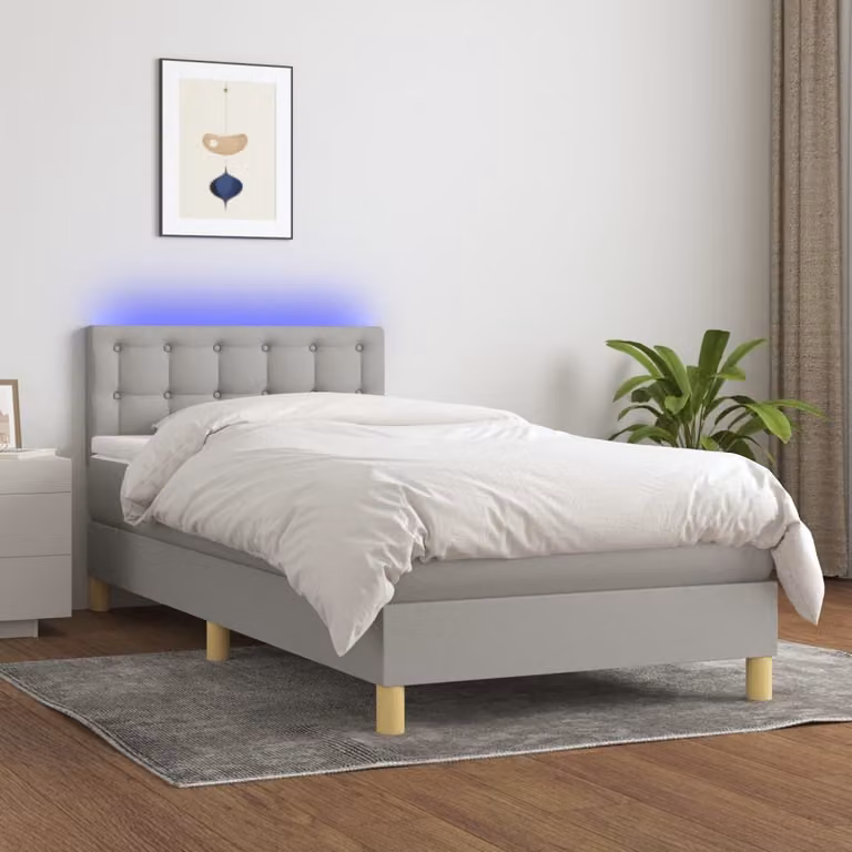 The Living Store Letto a molle con materasso e LED in tessuto grigio chiaro 80x200 cm