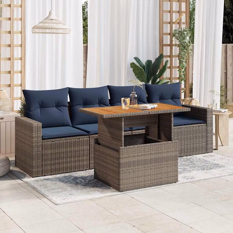 Set Divano da Giardino vidaXL 5 pz in Polyrattan e Legno di Acacia con Cuscini Grigio e Blu