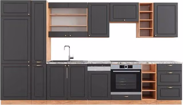 Cucina componibile Fame-Line Vicco in stile rustico, colore Antracite e Rovere dorato, L: 355 cm – 1
