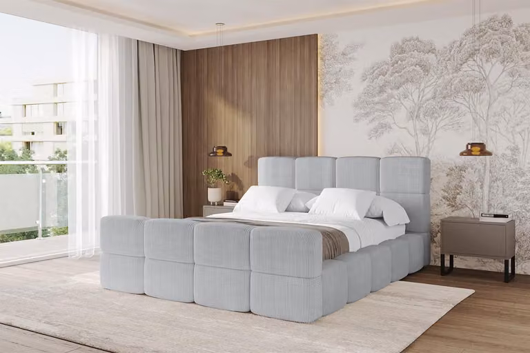 Letto imbottito ALTDECOR con contenitore - NATA-Z 200x200 Grigio, letto con testiera, letto contenitore con materasso H3/H4, letto matrimoniale con contenitore