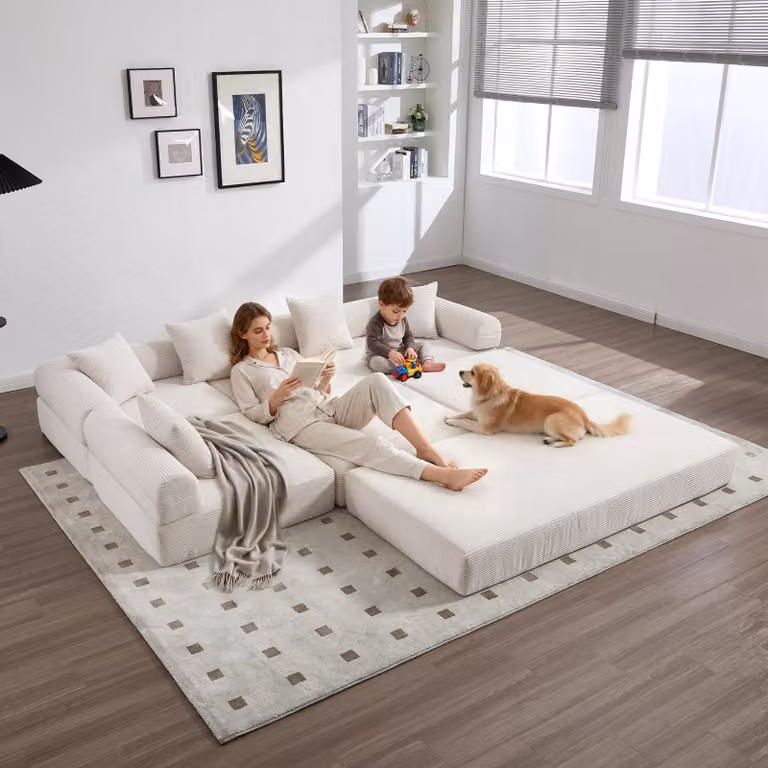 LVHOM Divano letto modulare in tessuto a coste, divano imbottito pieghevole 7 in 1, letto da giorno senza montaggio, divano da terra con tasche laterali, beige
