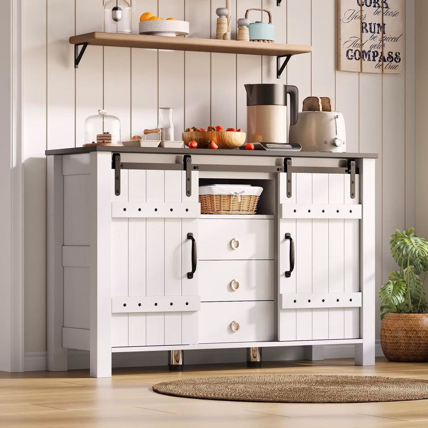 Comodino con 3 cassetti e ante scorrevoli, mobile contenitore bianco, 120x40x80 cm