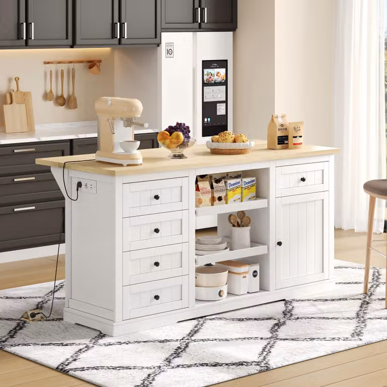 Mobile contenitore Fortuna Lai, ideale per cucina, sala da pranzo e soggiorno, con 5 cassetti, 2 ripiani estraibili, piano di appoggio ribaltabile e prese di corrente integrate. Colore: bianco. Dimensioni: 150 x 65 x 75 cm