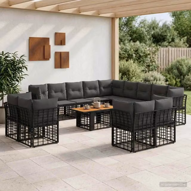 Set Divano da Giardino vidaXL a Forma di L in Polyrattan con Tavolino e Cuscini, Nero e Grigio – 1