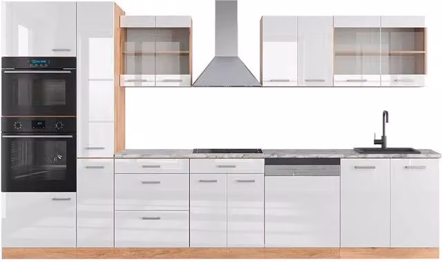 Cucina componibile moderna Vicco R-Line Bianco lucido e Rovere dorato con armadio alto, L: 350 cm