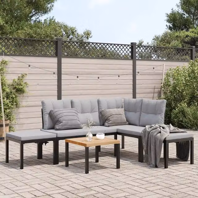 Divani Giardino con Cuscini 5pz Neri Acciaio Verniciato Polvere 3283660