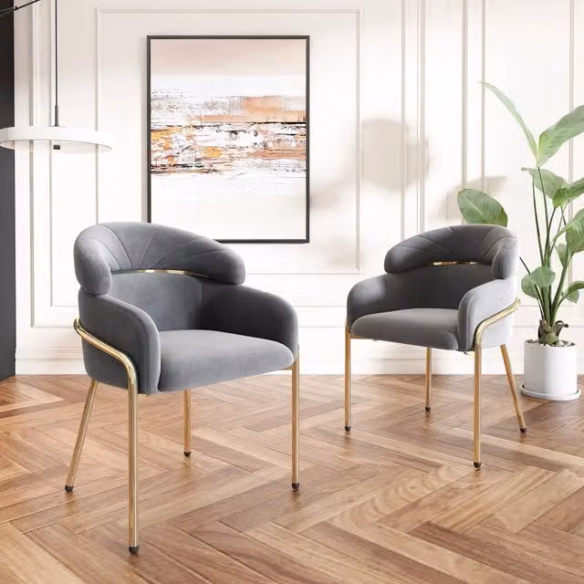 Sedie da pranzo set da 2 con design ergonomico e gambe in metallo per sala da pranzo e soggiorno in velluto grigio
