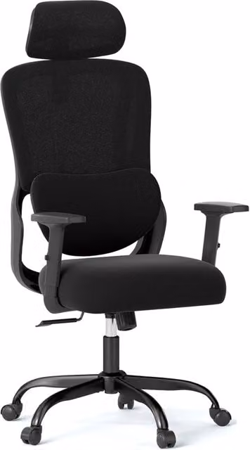Sedia da ufficio ergonomica con poggiatesta inclinabile e girevole, supporto lombare e braccioli regolabili, tessuto nero per casa e studio