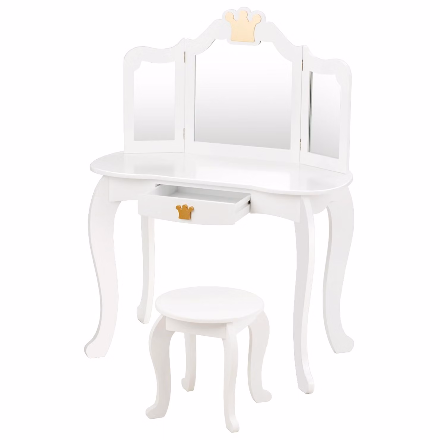 Tavolino per bambini HW65299WH con sgabello e specchio estraibile, tavolino per bambini con cassetto, in legno, 80x42x106 cm, bianco